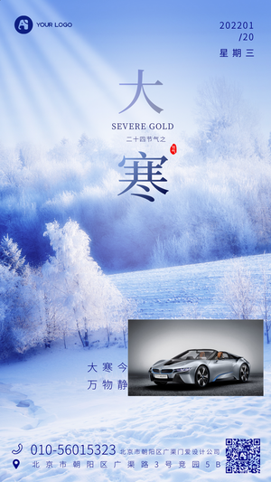 大寒冬天蓝色雪景手机海报节气